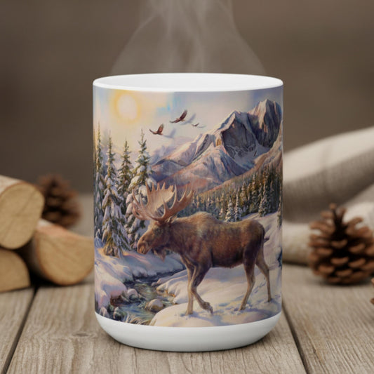 Moose Coffee Cup Rustic-Themed Kitchen Moose-themed ceramic mug 15oz capacity, Gift for Nature Lovers, Mug for Coffee, Tea, or Hot Beverages