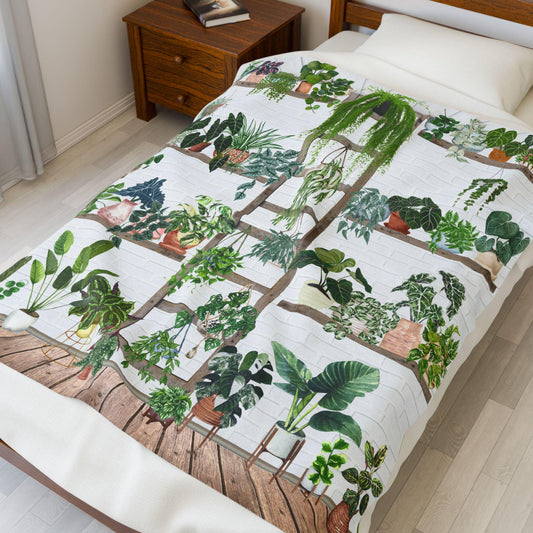 Cute Blanket Gift, Botanical Home decor, Houseplant Blanket, Plant Blanket Gift, Velveteen Plush Blanket, Crazy Plant Lady Blanket