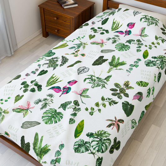 Velveteen Plush Blanket, Houseplant Gift, Plant Lady Throw, Cozy Plant Lover Decor, Botanical Blankie, Green Thumb Accent